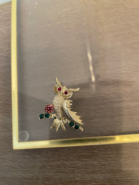 Artisan Jewelry - Artisan Gold Owl Brooch with Pink and Green Stones